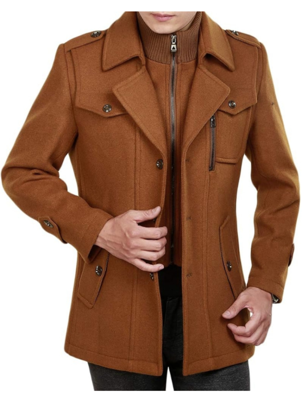 Amazon Wool Blend Button Zip Front Mens Peacoat Winter Jacket Rust Brown Medium